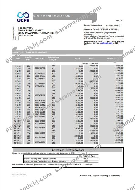 Philippines UCPB bank statement of account template in Excel and PDF format